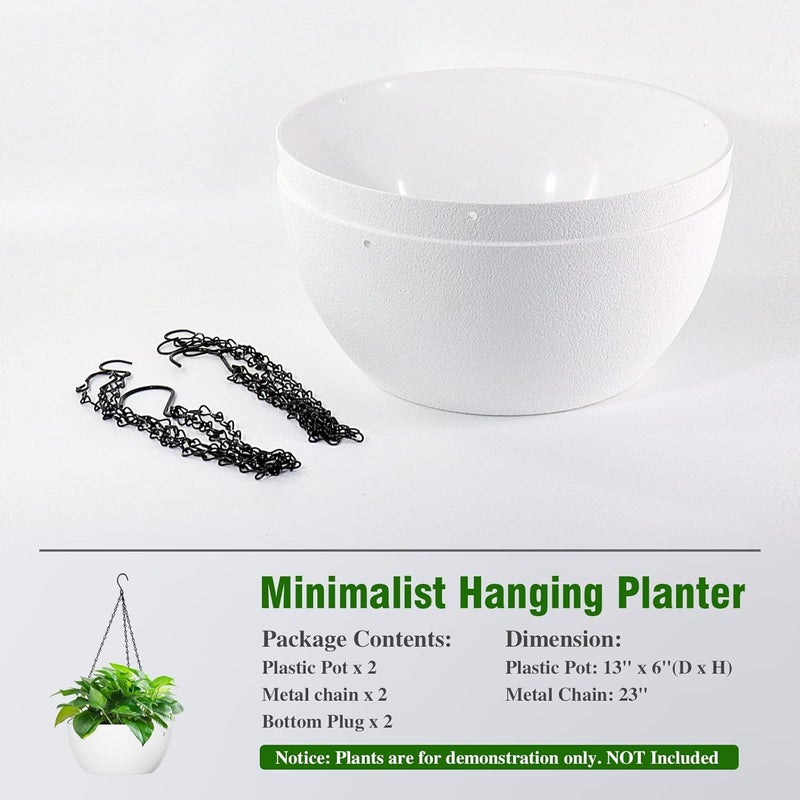 WOUSIWER 13 inch 2Pack Large Hanging Planters for Outdoor Indoor Plants with Drainage Holes and Chain, Round Hanging Flower Pots for Garden Home Porch Decor, White - Image 5